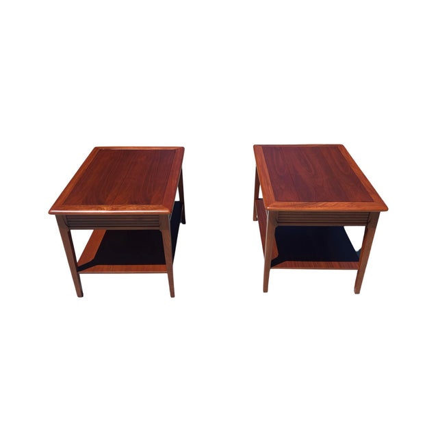 Vintage Mid Century Modern Pair 1960s Attributed to Lane Walnut Pair Side End Tables Restored Set of 2 Restored Brass For Sale - Image 9 of 12