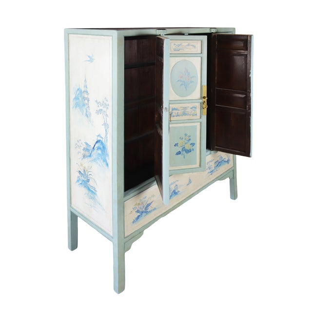 Large Chinese 20th-Century Cabinet With Blue and White Hand-Painted Flowers and Landscape Panels For Sale - Image 4 of 12