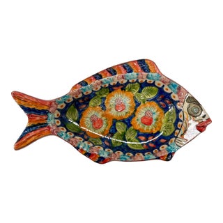 Colorful Hand-Decorated Fish Serving Plate For Sale