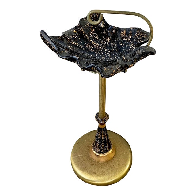 Mid-Century Modern Black & Gold Ceramic Leaf Standing Ashtray For Sale