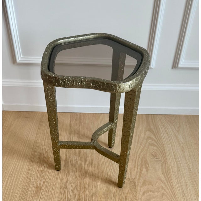 Metal Vintage Caracole Modern "Contour" Sculptural Textured Metal & Tinted Glass Side / Drinks Table - Neiman Marcus For Sale - Image 7 of 12