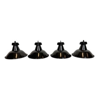 Industrial Black Enamel Pendant Lamps with Cast Iron Top, 1950s, Set of 4 For Sale