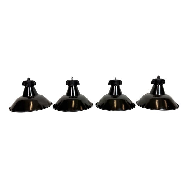 Industrial Black Enamel Pendant Lamps with Cast Iron Top, 1950s, Set of 4 For Sale