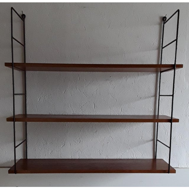 1970s Vintage 3-Tier String Shelf with Black Wire Frame & Shelves in Teak Veneer Chipboard, 1970s For Sale - Image 5 of 6