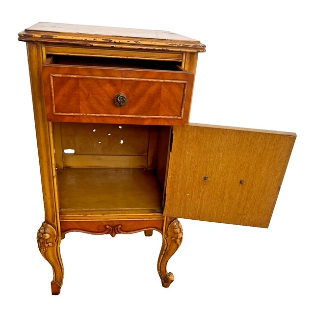 Wood Antique Nightstand Cabinet and Drawer Walnut Hand Carved French Country Style For Sale - Image 7 of 11