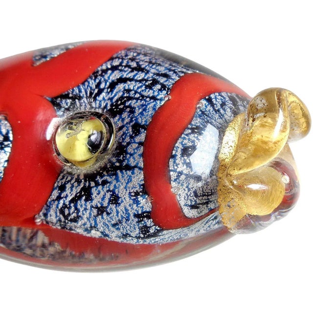 Mid-Century Modern Vintage Murano Blue Red Gold Silver Flecks Italian Art Glass Fish Paperweight Figurine Sculpture For Sale - Image 3 of 5