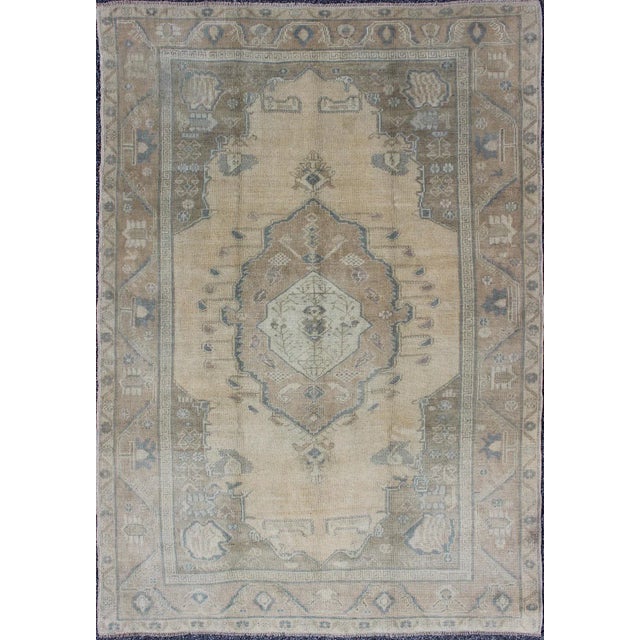 Camel Vintage Turkish Oushak Rug With Medallion in Cream Background, Gray Green & Camel For Sale - Image 8 of 8