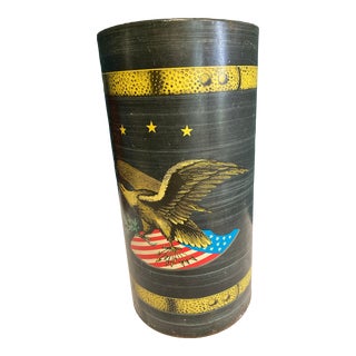 Vintage Metal Umbrella Stand With Painted Eagle and American Flag For Sale