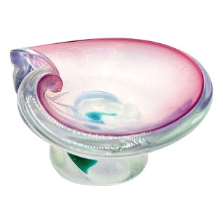 Mid 20th Century Murano Peacock Art Glass Pedestal Ashtray W/ Pink Pastel Swirl For Sale