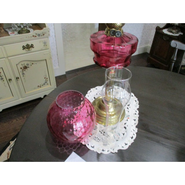 Beautiful Antique Brass Column Tall Oil Lamp Cranberry Glass Shade & Font Double Burner 29" Tall For Sale - Image 12 of 13