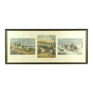 Pair of Bird Hunting English Lithographs and Triptych of a Travel Scenes 19thc