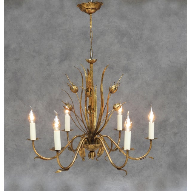 Mid-Century Spanish Gilt Tôle Botanical Six-Light Chandelier, 1950s For Sale - Image 9 of 10
