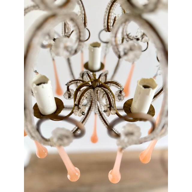 Venetian Style Beaded Brass Chandelier with Pink Murano Glass Drops, Italy, 1950s For Sale - Image 11 of 18