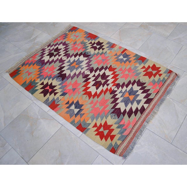 Handmade Turkish Kilim Rug Diamond Pattern Area Rug - 3'7" X 4'10" For Sale - Image 10 of 13