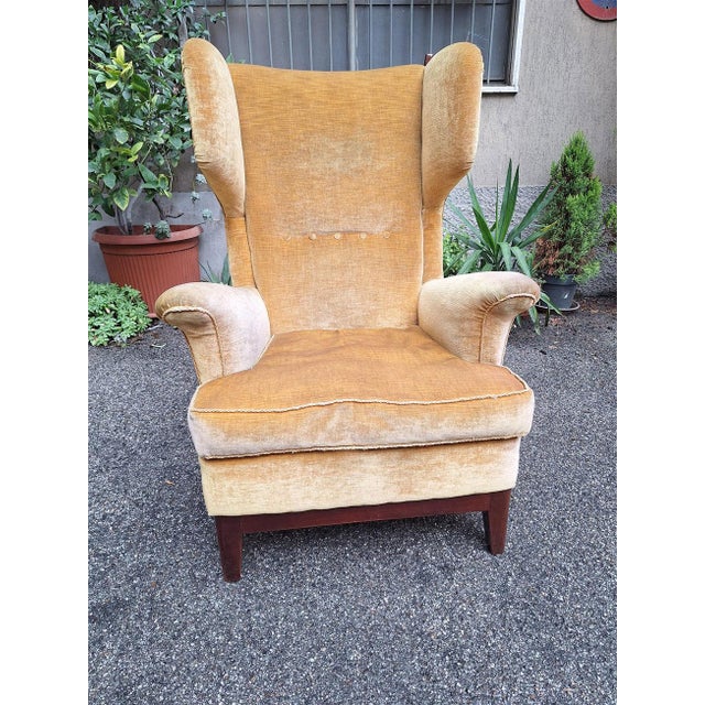 1930s Dark Wood Armchair with Yellow Padded Cross-Backrest by Osvaldo Borsani for Arredamenti Borsani Varedo, 1939 For Sale - Image 5 of 18