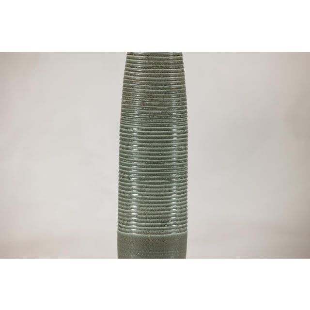 Tall Artisan Ceramic Hand-Crafted Vase with Ribbed Body and Green Glaze For Sale - Image 13 of 16