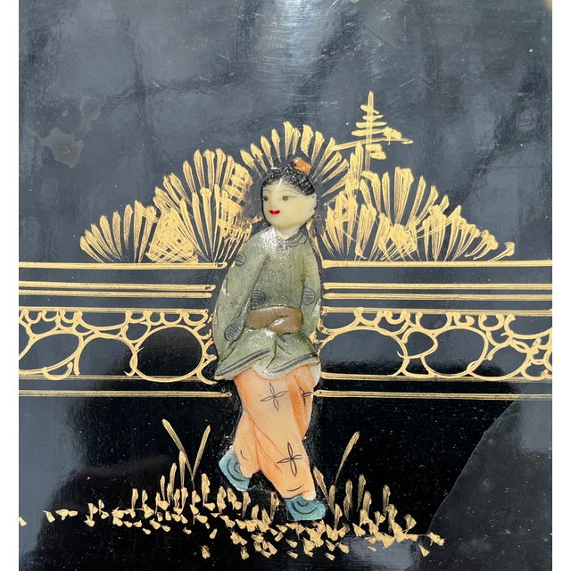 Wood Set 4 Nesting Tables Chinoiserie Black Lacquer Soapstone Carved Figures For Sale - Image 7 of 9