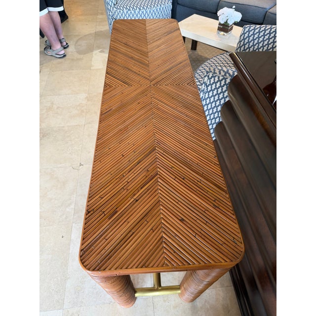 Early 21st Century Cb2 "Edie" Natural Rattan and Brass Console Table by Mermelada Estudio For Sale - Image 5 of 7