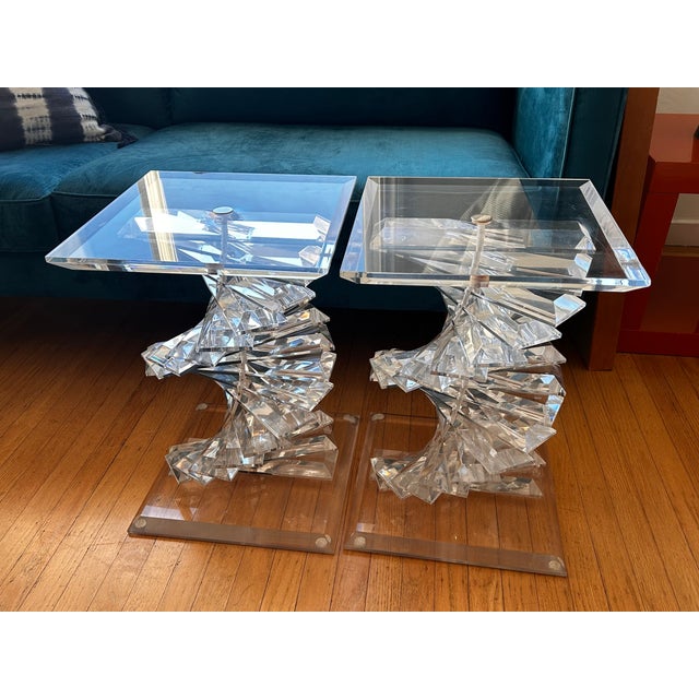 Vintage Helix Spiral Stacked Lucite Side Tables With Glass Tops For Sale - Image 9 of 9