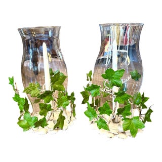 Vintage Ivy Metal Tole Hurricane Candle Holders Pair For Sale