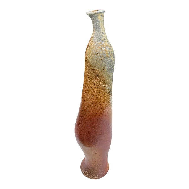 Vintage 15.5” Signed Studio Pottery Vase With Earth Tone Drip Glaze For Sale