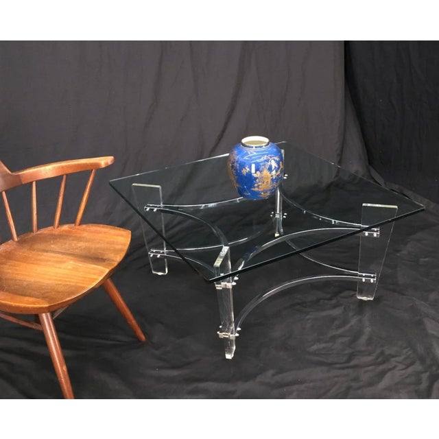 Charles Hollis Jones Lucite chrome square glass top coffee center table.