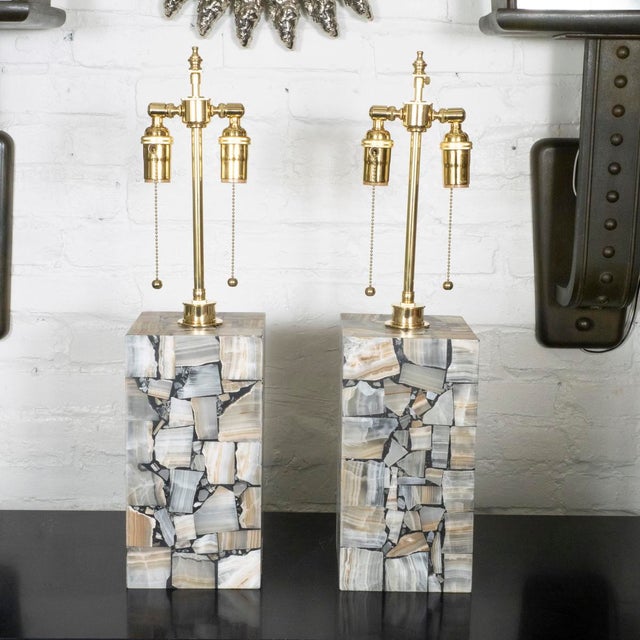 Mid-Century Modern Pair of Mosaic Style Onyx Inlay Table Lamps For Sale - Image 3 of 12