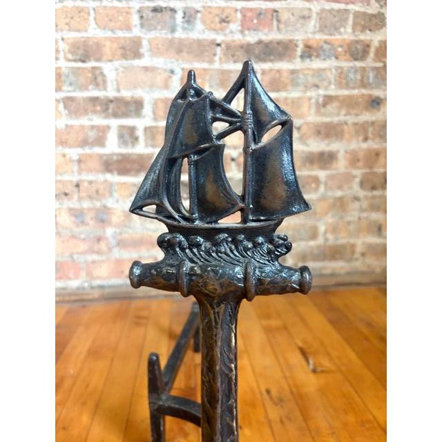 Traditional Vintage Nautical Cast Iron Anchor and Sailing Ship Andirons - Pair For Sale - Image 3 of 13