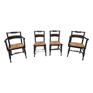 Early 19th Century Authentic Early American Hitchcock Chairs, Set of 4 -With 2 Arm Chairs, Harvest Floral Design For Sale