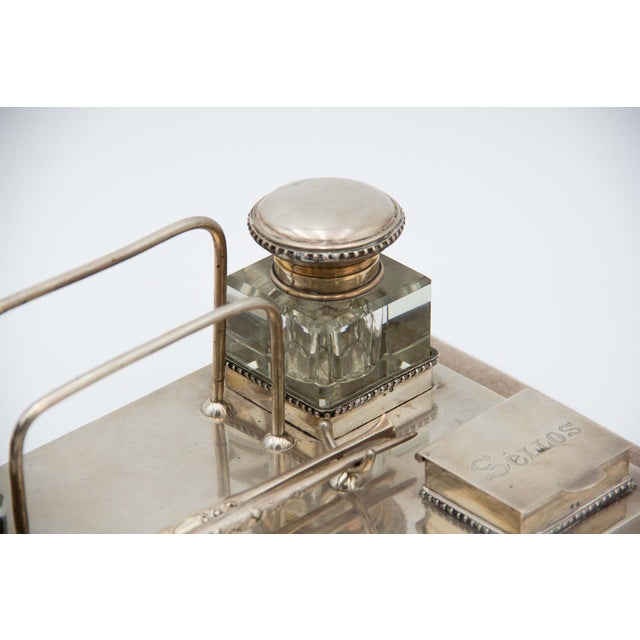 Silver Inkwell Embossed with Acanthus Leaves, Glass Tanks and Monogram Card, Set of 4 For Sale - Image 3 of 8