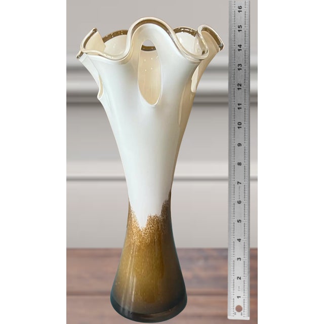 Art Glass Brown White Looped Rim Vase For Sale - Image 18 of 18