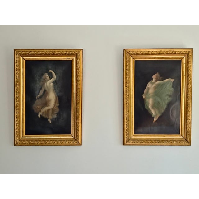 A pair of Neoclassical romantic oil painting, dancing nymphes in sheer robes, mid-1800s. Title a tergo translated: The...