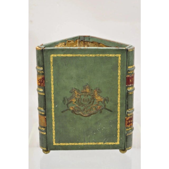 Vintage Italian Regency Green Leather Triangular Book Form Wastebasket Trash Can. Circa Early 20th Century. Measurements:...