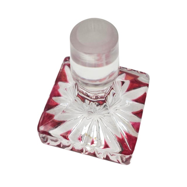 West German a & H Cranberry Cut-to-Clear Lead Crystal Whiskey Decanter 9" For Sale - Image 9 of 15