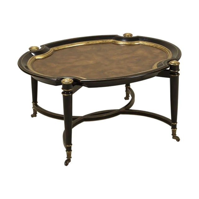 Hand Painted Black and Gold Cocktail Table with Oak Burl Veneer Top