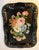 1960 hand painted tole tray with flowers and old gold trim decorations.
