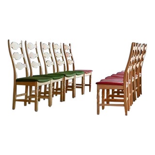 Set of 10 Razorblade Style Dining Chairs in Solid Carved Oak by Henry Kjærnulf For Sale
