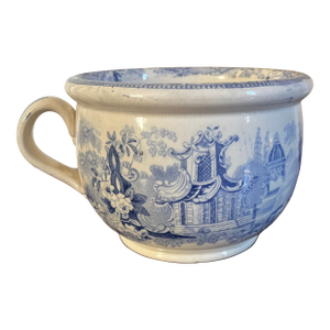 Large Antique 19th Century English Staffordshire Blue and White Transfer Mug With Orientalist Landscape Scenes