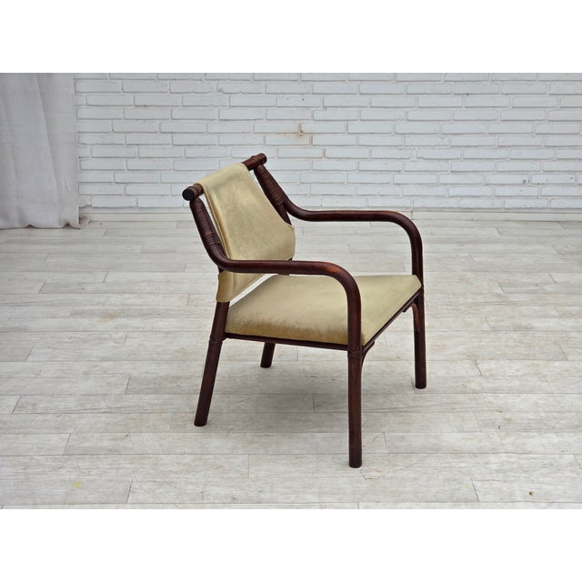 1980s, pair of Scandinavian armchairs. Original light green furniture velour, dark brown bamboo. Original good condition:...