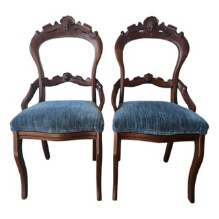 Pair of Antique Victorian Balloon Back Side Chairs With Blue Upholstery For Sale