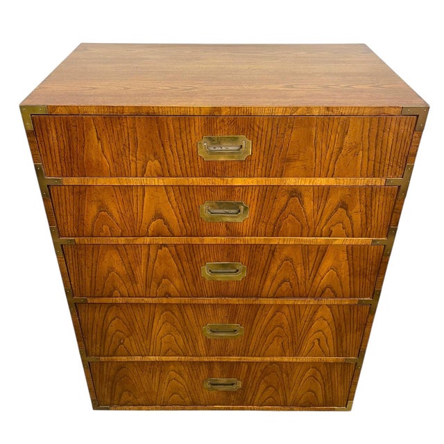 Wood Vintage Campaign Style Five Drawer Dresser by Dixie With Brass-Toned Hardware and Dovetailed Drawers For Sale - Image 7 of 11