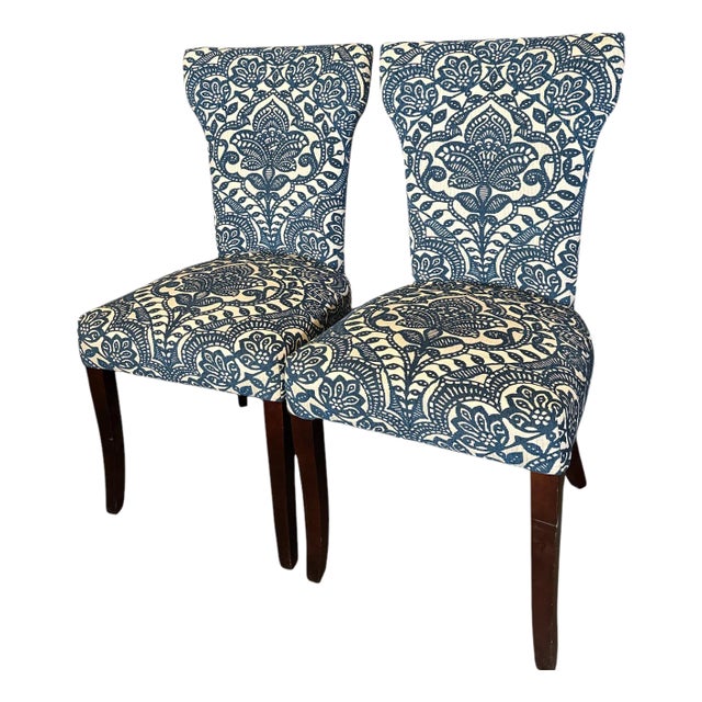 Carmilla Pier 1 Blue Damask Armless Dining Chairs, a Pair For Sale