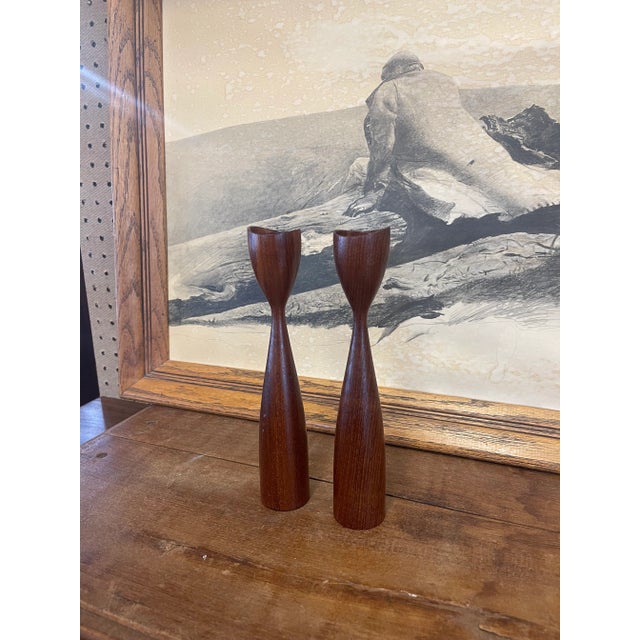 Walnut Toned Decorative Candle Stick Holder. Atomic Design. Circa 1960s- 1970s. Possibly Teak. The Inner Metal Piece is...