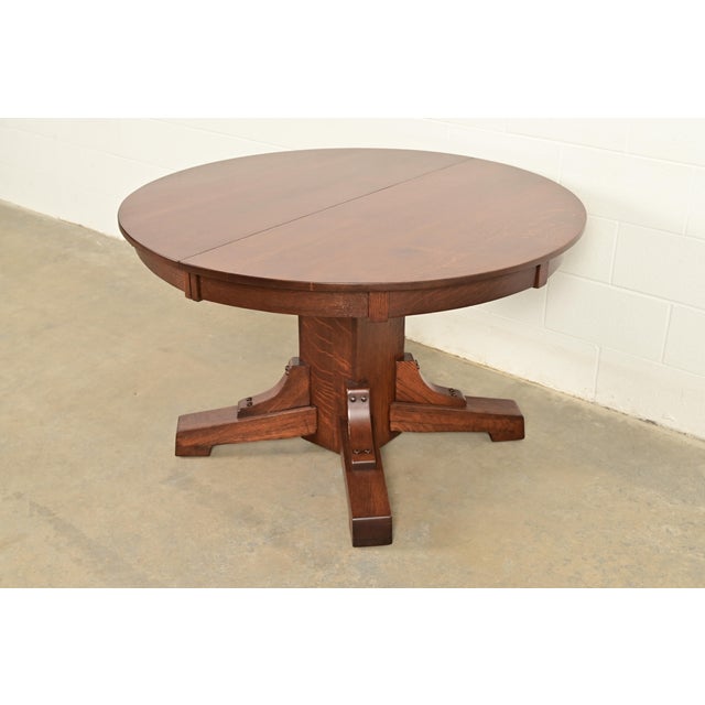 Mission Stickley Brothers Antique Mission Oak Arts & Crafts Pedestal Extension Dining Table, Newly Refinished For Sale - Image 3 of 15