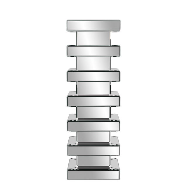This pedestal features a rectangular body fashioned from a stacked mirrored levels. Each mirrored piece features a small...