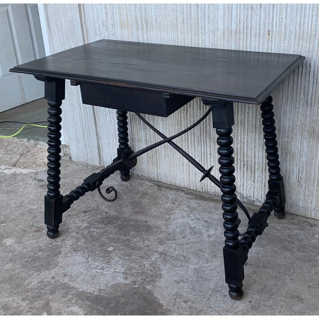 Early 20th Century Spanish 1900s Walnut Side Table with Single Drawer and Iron Stretcher For Sale - Image 5 of 18