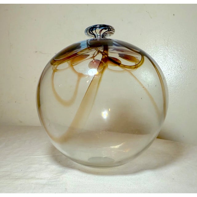 Vintage Hand Blown Signed Detailed Mary Angus Art Glass Iridescent Leaf Vase For Sale - Image 13 of 15