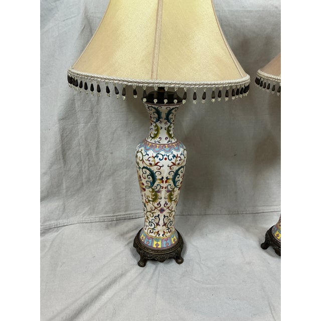 1970s Bombay Table Lamps Porcelain White Floral Oriental Accent Fringe Shades Set of 2 For Sale - Image 16 of 17