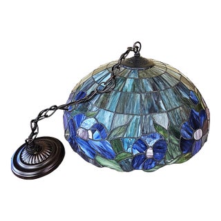 Late 20th Century Meyda Tiffany Blue Floral Stained Glass Hanging Pendant / Swag Lamp For Sale
