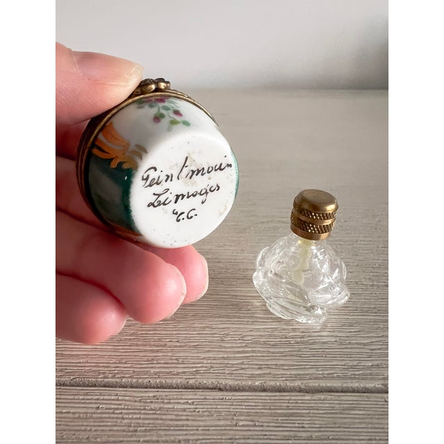 Vintage Hand-Painted Limoges Porcelain Perfume Trinket Box With Mini Bottle, Floral Gilt Hinged Case For Sale - Image 10 of 10